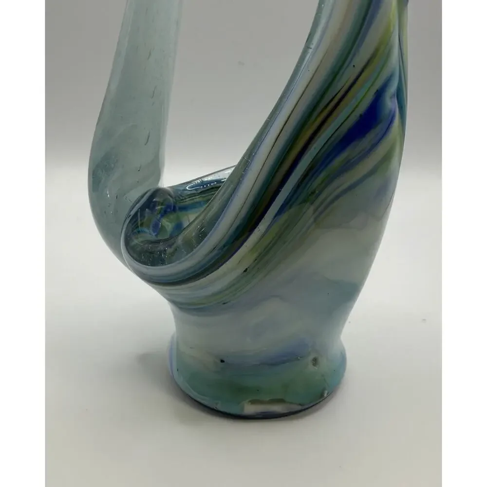 Vintage Hand Blown Art Glass Swan Vase Blue Slag Swirl MCM 10.5”